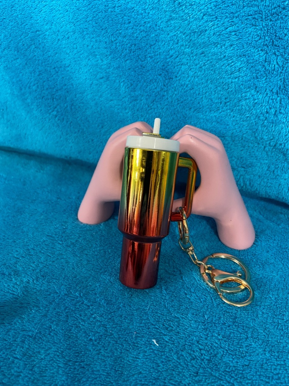 Iridescent Rainbow Tumbler Keychain with Gold Hardware